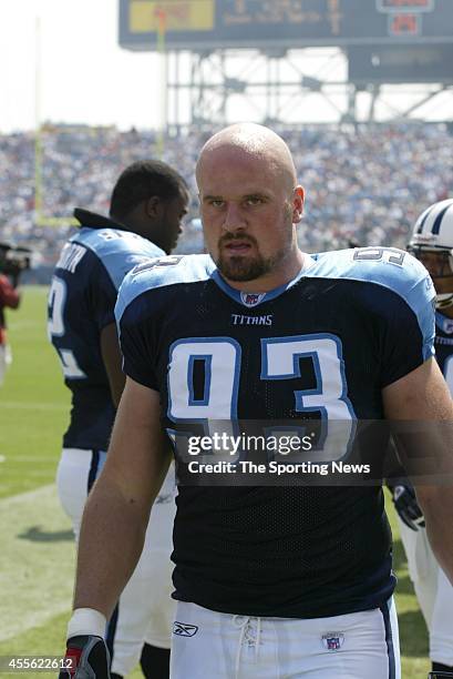 Kyle Vanden Bosch of the Tennessee Titans participates in warm-ups before a game against the Baltimore Ravens on September 18, 2005 at the LP Field...