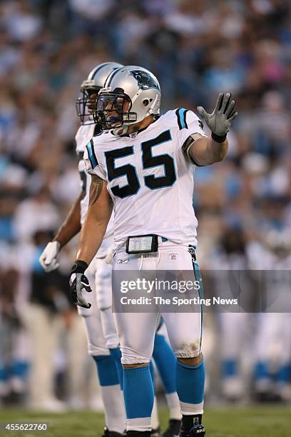 Dan Morgan of the Carolina Panthers looks on during a game against the Buffalo Bills on August 12, 2006 at the Bank of America Stadium in Charlotte,...