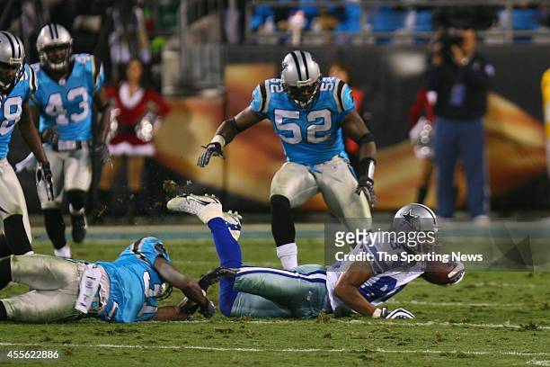 Jon Beason and Thomas Davis of the Carolina Panthers in action during a game against the Dallas Cowboys on December 22, 2007 at the Bank of America...