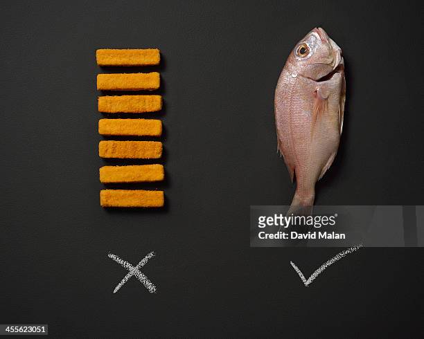 fishfingers alongside a fresh fish - fish fingers stockfoto's en -beelden