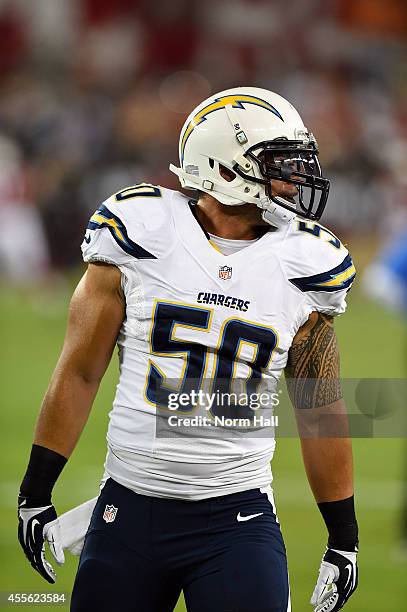 Inside linebacker Manti Te'o of the San Diego Chargers warms up prior to a game against the Arizona Cardinals at University of Phoenix Stadium on...