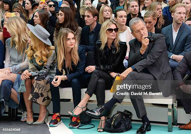 Poppy Delevingne, Paloma Faith, Cara Delevingne, Kate Moss and Mario Testino attend the front row at the Burberry Womenswear SS15 show during London...
