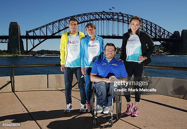 Abdella Tagharafet, Karolina Jarzynska, Kurt Fearnley and Michelle Bridges pose ahead of the Blackmores Sydney Running Festival at Sydney Opera House...