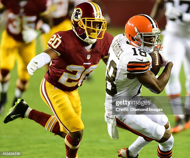 Receiver Taylor Gabriel of the Cleveland Browns runs with the football after a reception during a game against the Washington Redskins at FedEx Field...