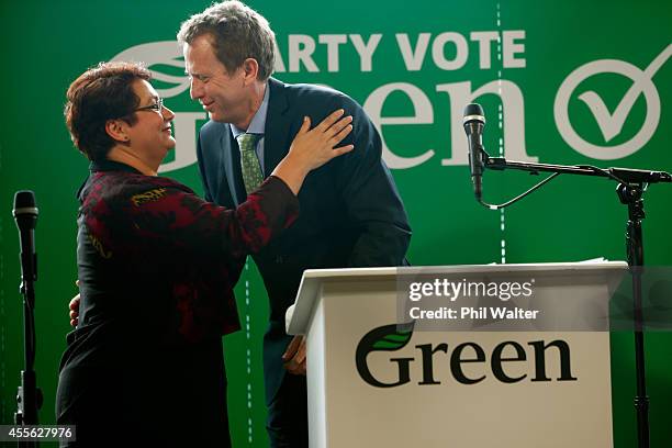 Green Party co-leaders Russel Norman and Metiria Turei embrace during their election campaign event at St Kevins Arcade in Auckland on September 18,...