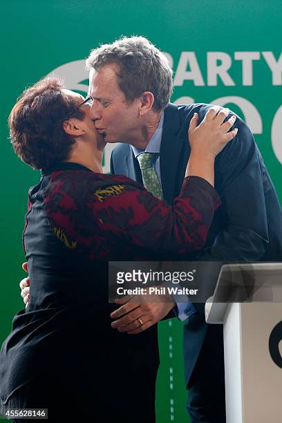 Green Party co-leaders Russel Norman and Metiria Turei embrace during their election campaign event at St Kevins Arcade in Auckland on September 18,...