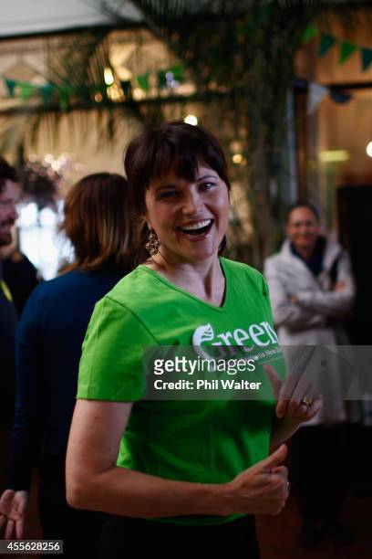 Green Party supporter Lucy Lawless during the Green Party election campaign event at St Kevins Arcade in Auckland on September 18, 2014 in Auckland,...