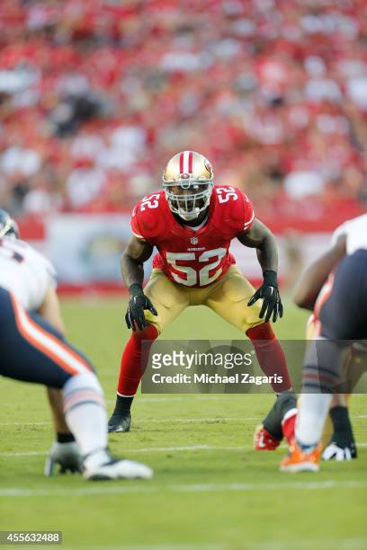 Patrick Willis of the San Francisco 49ers eyes the quarterback during the game against the Chicago Bears at Levi Stadium on September 14, 2014 in...