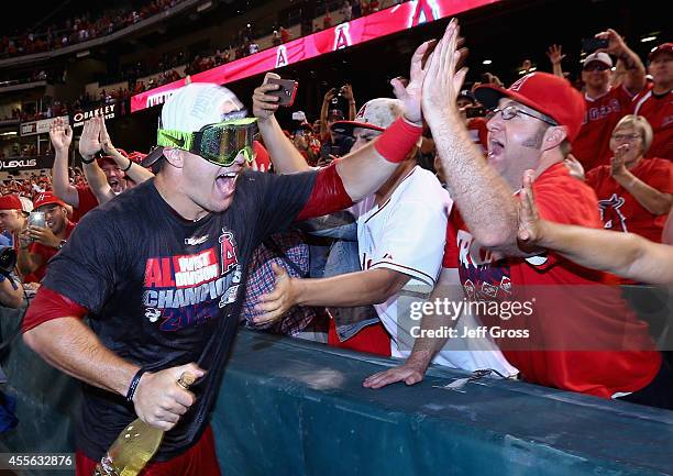 Mike Trout of the Los Angeles Angels of Anaheim celebrates with the fans after the Angels clinched the American League West Division at Angel Stadium...