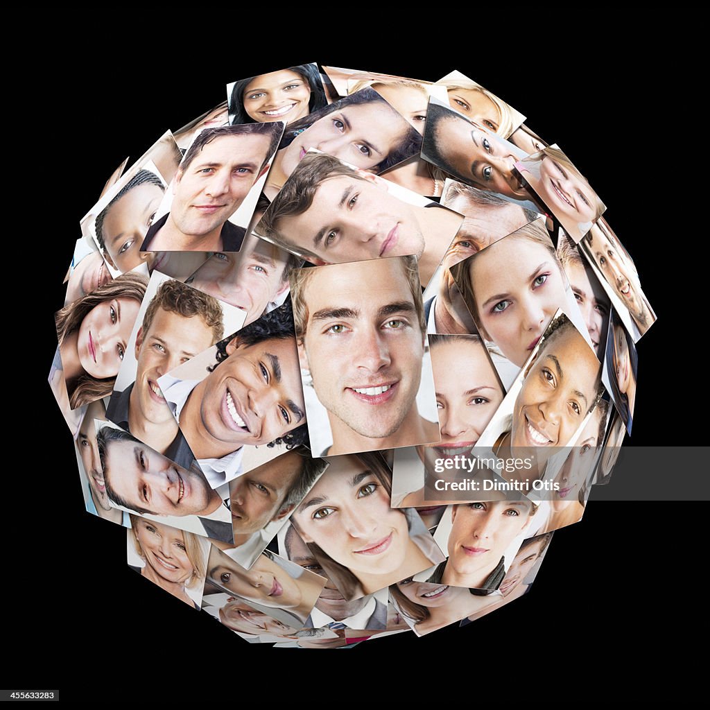 Multiple portrait sphere, young man upfront