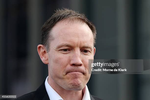 Brenton Sanderson speaks to the media during an Adelaide Crows AFL press conference at West Lakes on September 18, 2014 in Adelaide, Australia.