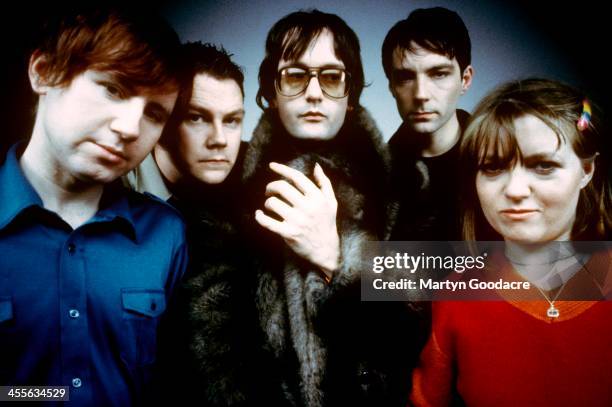 Pulp, group portrait, London , United Kingdom, 1998. L-R: Mark Webber, Nick Banks, Jarvis Cocker, Steve Mackey, Candida Doyle.