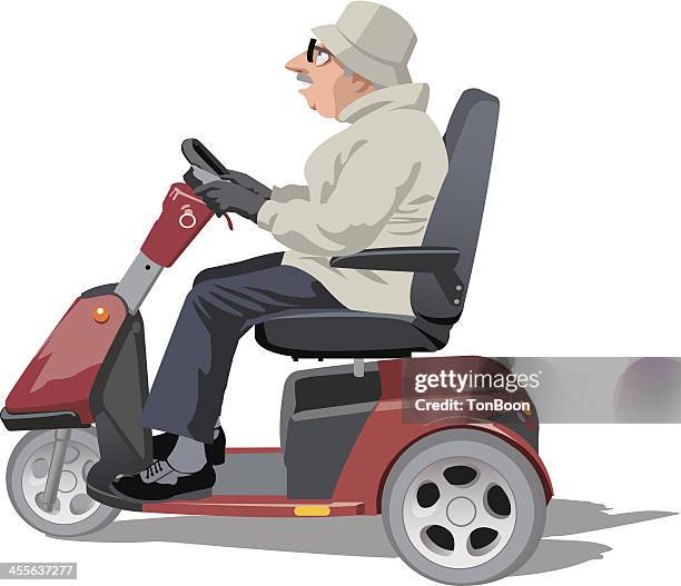 old man riding a mobility scooter - power wheelchair stock illustrations