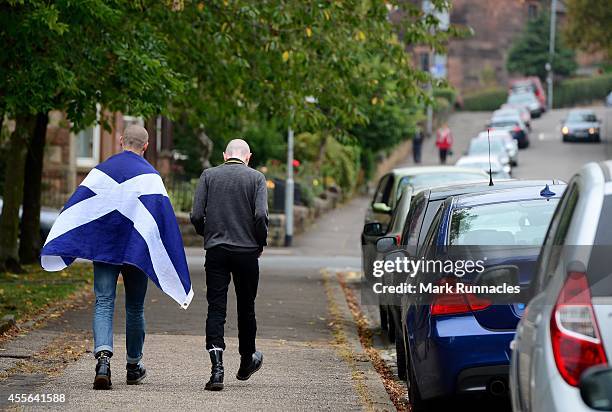 Young voters Jon Ramsay , and Joshua Darllow leave Broomhill Primary School polling station on September 18, 2014 in Glasgow, Scotland. After many...