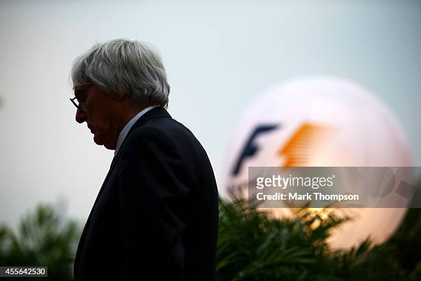 Supremo Bernie Ecclestone looks on in the paddock during previews ahead of the Singapore Formula One Grand Prix at Marina Bay Street Circuit on...