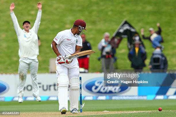 Kieran Powell of the West Indies looks on after being bowled by Tim Southee of New Zealand during day three of the Second Test match between New...