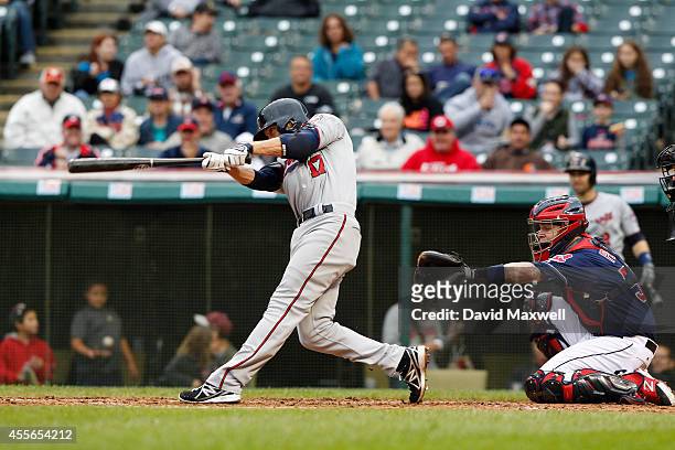 Doug Bernier of the Minnesota Twins bats against the Cleveland Indians during the sixth inning of the second game a doubleheader on September 11,...