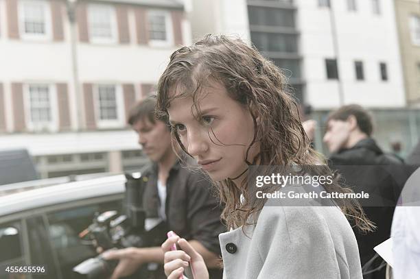 Model arrives at the TopShop Show Space during London Fashion Week Spring Summer 2015 on September 16, 2014 in London, England.