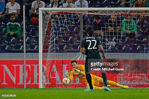 Craig Gordon of Celtic makes a save during the UEFA Europa League match between Salzburg and Celtic. September 18, 2014 in Salzburg, Austria.
