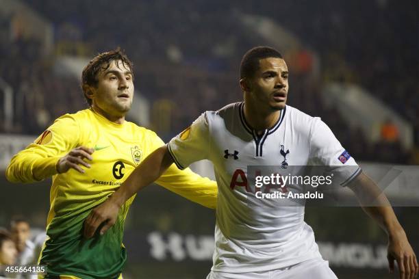 Ezekiel Fryers of Tottenham in action with Alexandru Epureanu of FC Anji during the UEFA Erupe league Group K match at White Hart Lane in London,...