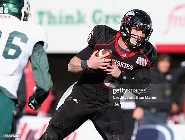 Jordan Lynch of the Northern Illinois Huskies runs for a touchdown against the Eastern Michigan Eagles at Brigham Field on October 26, 2013 in...