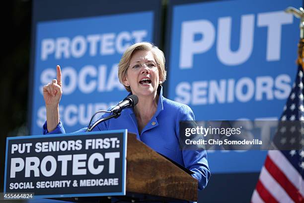 Sen. Elizabeth Warren addresses a rally in support of Social Security and Medicare on Capitol Hill September 18, 2014 in Washington, DC. The rally...