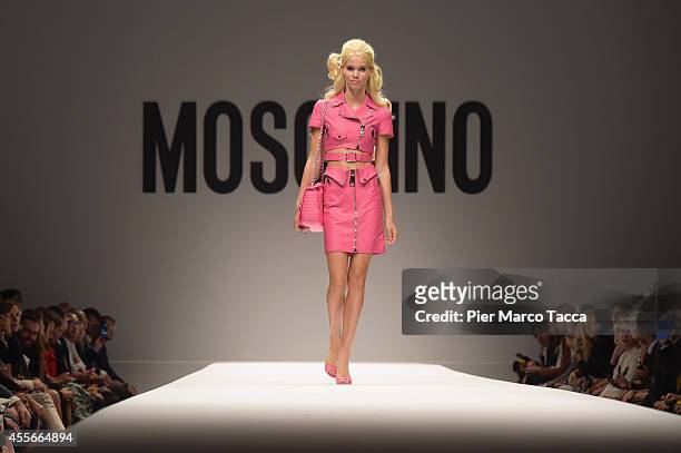 Model walks the runway during the Moschino show as a part of Milan Fashion Week Womenswear Spring/Summer 2015 on September 18, 2014 in Milan, Italy.