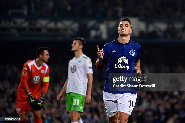 Kevin Mirallas of Everton celebrates after scoring his team's fourth goal during the UEFA Europa League Group H match between Everton and VFL...