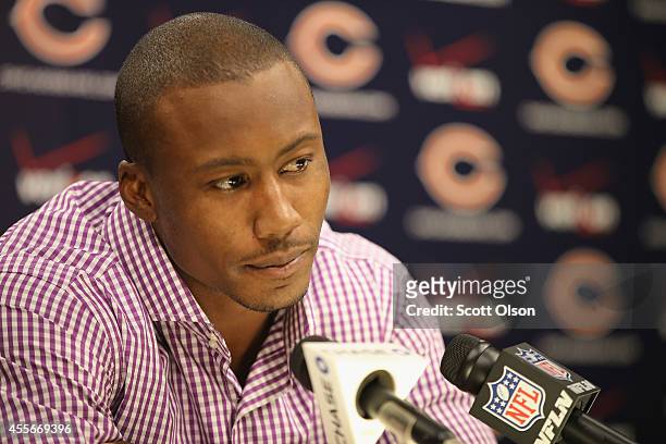 Chicago Bears receiver Brandon Marshall speaks to the media about his past, domestic violence, and media coverage of the issue at Halas Hall on...