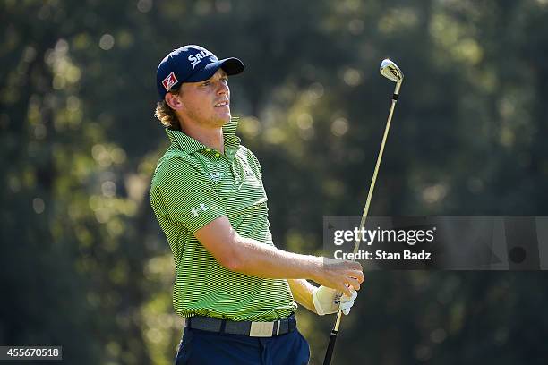 Will Wilcox tees off on the third hole during the first round of the Web.com Tour Championship at TPC Sawgrass Dye's Valley Course on September 18,...