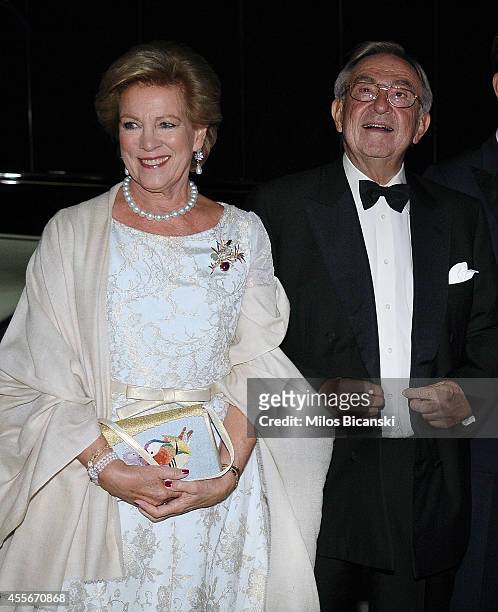 Former King Constantine II of Greece and former Queen Anne-Marie of Greece, arrive for a private dinner organized by former King Constantine II of...