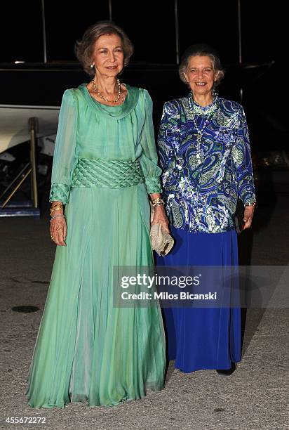 Spanish former Queen Sofia with her sister arrives for a private dinner organized by former King Constantine II of Greece and former Queen Anne-Marie...