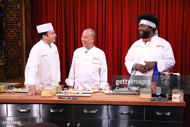 Episode 0127 -- Pictured: Host Jimmy Fallon, chef Nobu Matsuhisa and musician Ahmir-Khalib "Questlove" Thompson during a cooking demonstration on...