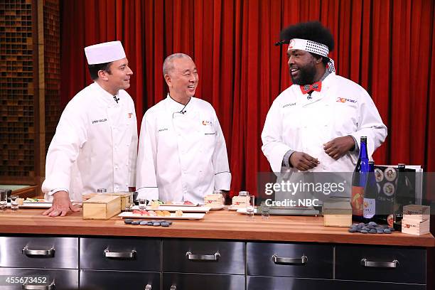 Episode 0127 -- Pictured: Host Jimmy Fallon, chef Nobu Matsuhisa and musician Ahmir-Khalib "Questlove" Thompson during a cooking demonstration on...