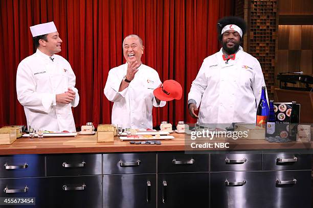 Episode 0127 -- Pictured: Host Jimmy Fallon, chef Nobu Matsuhisa and musician Ahmir-Khalib "Questlove" Thompson during a cooking demonstration on...