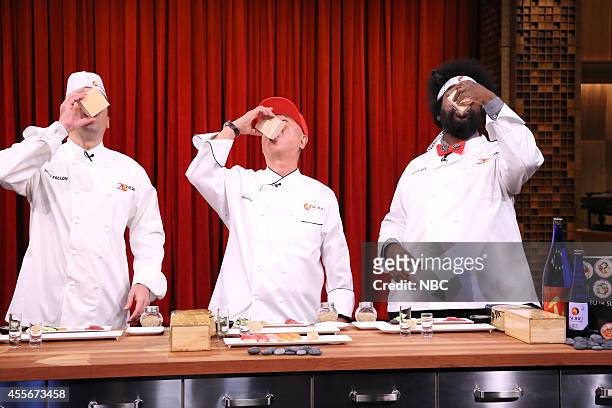 Episode 0127 -- Pictured: Host Jimmy Fallon, chef Nobu Matsuhisa and musician Ahmir-Khalib "Questlove" Thompson during a cooking demonstration on...