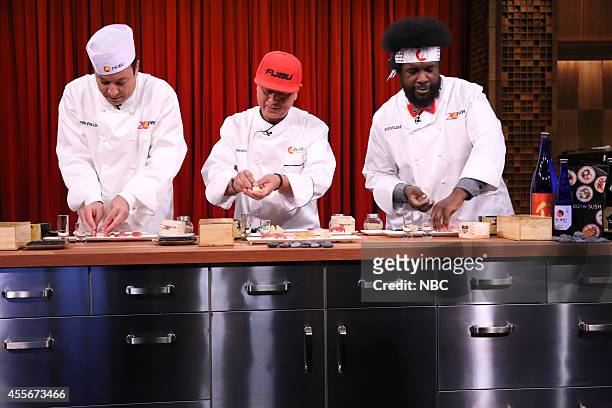Episode 0127 -- Pictured: Host Jimmy Fallon, chef Nobu Matsuhisa and musician Ahmir-Khalib "Questlove" Thompson during a cooking demonstration on...