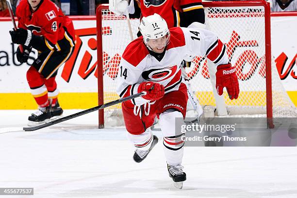 Nathan Gerbe of the Carolina Hurricanes skates against the Calgary Flames at Scotiabank Saddledome on December 12, 2013 in Calgary, Alberta, Canada.