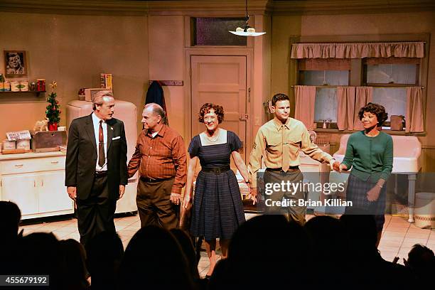 Actors James McCaffrey, Joe Lisi, Karen Ziemba, Jonny Orsini, and Brenda Pressley take abow during curtain call at Acorn Theatre on September 18,...