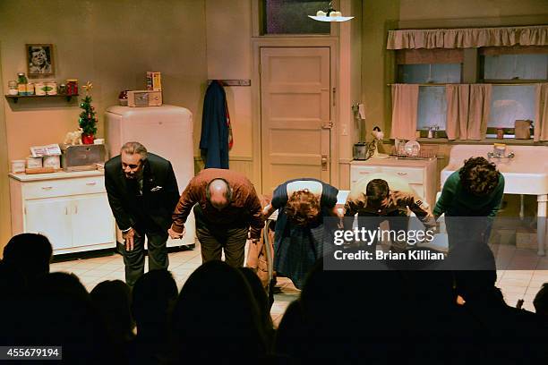 Actors James McCaffrey, Joe Lisi, Karen Ziemba, Jonny Orsini, and Brenda Pressley take abow during curtain call at Acorn Theatre on September 18,...