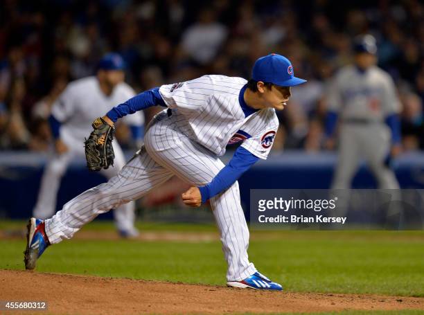 Starter Tsuyoshi Wada of the Chicago Cubs delivers a pitch during the fourth inning against the Los Angeles Dodgers at Wrigley Field on September 18,...