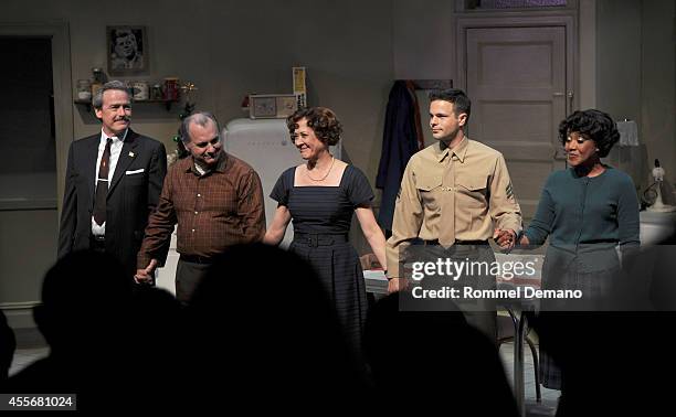 Actor James McCaffrey, Joe Lisi, Karen Ziemba, Jonny Orsini and Brenda Pressley take abow during curtain call at Acorn Theatre on September 18, 2014...