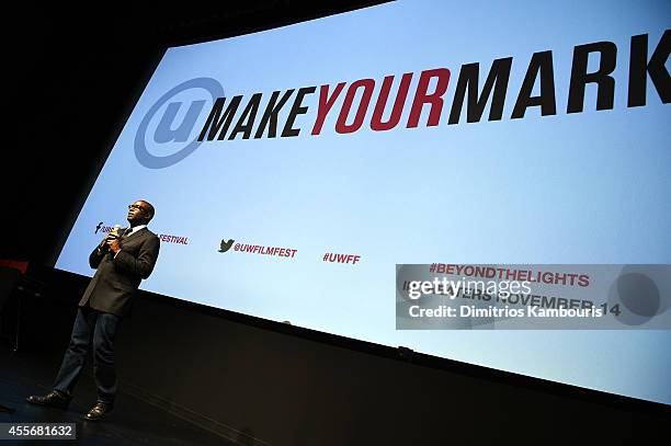 Founder of Urbanworld Film Festival Stacy Spikes speaks onstage at BEYOND THE LIGHTS opening The Urbanworld Film Festival at SVA Theater on September...