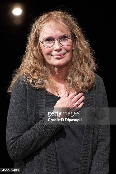 Actress Mia Farrow takes her curtain call during "Love Letters" Broadway Opening Night at The Brooks Atkinson Theatre on September 18, 2014 in New...