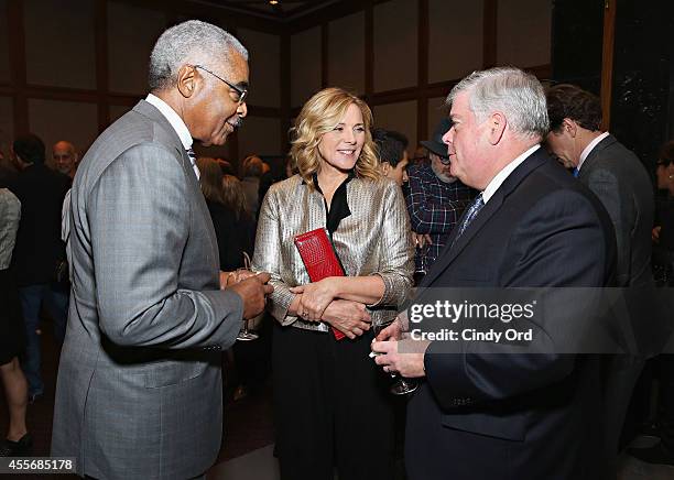 Former CEO of AARP A. Barry Rand, actress Kim Cattrall and Executive VP and Chief Communications Officer at AARP Kevin Donnellan attend American...