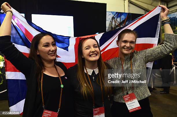 Better Together' supporters celebrate the result of the Scottish referendum on independence at the count centre for the Scottish referendum at...