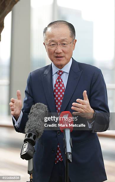 World Bank Group President Jim Yong Kim speaks to the media at Bloomberg on September 19, 2014 in Sydney, Australia. Jim Yong Kim is visiting...