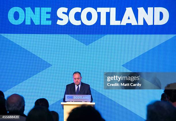 First Minister Alex Salmond delivers a speech to supporters at Our Dynamic Earth on September 19, 2014 in Edinburgh, Scotland. The majority of...