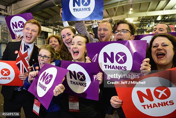 Better Together' supporters celebrate the result of the Scottish referendum on independence at the count centre for the Scottish referendum at...