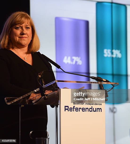 Mary Pitcaithly, Chief counting officer, declares the result of the Scottish referendum on independence at the count centre for the Scottish...